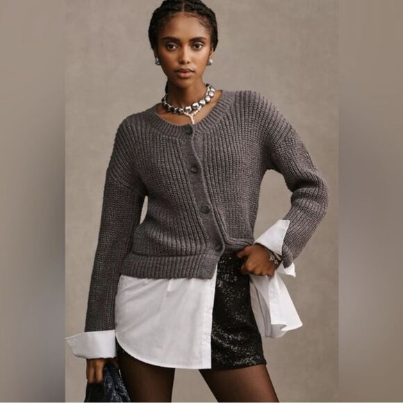 NWT Anthropologie Gray Cardigan With White Under Layer - Picture 1 of 8